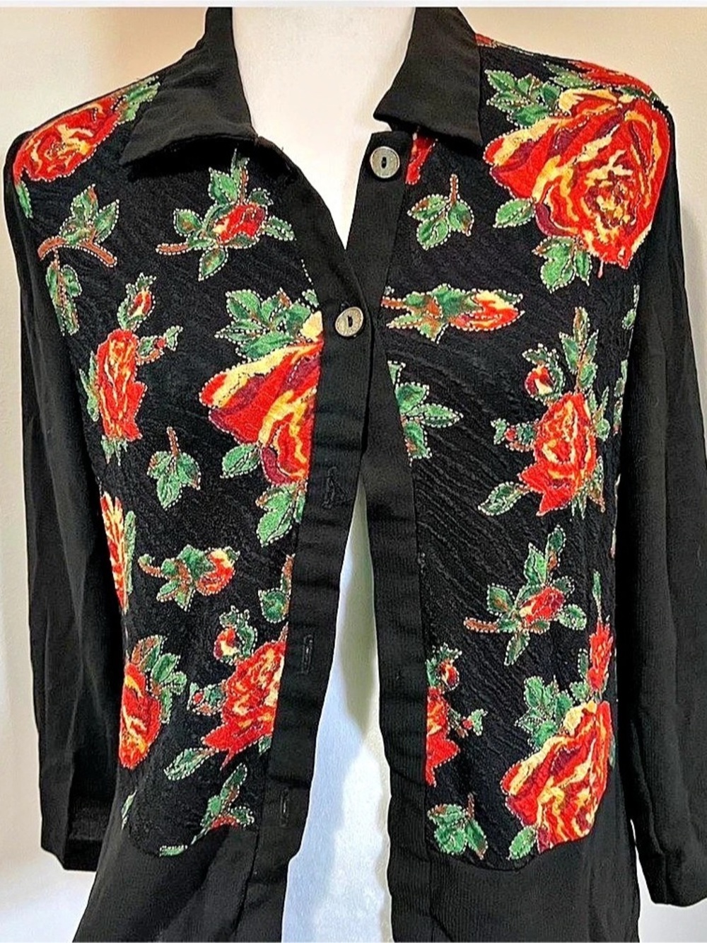 Fan Jia Floral Button Down Shirt in Black & Red